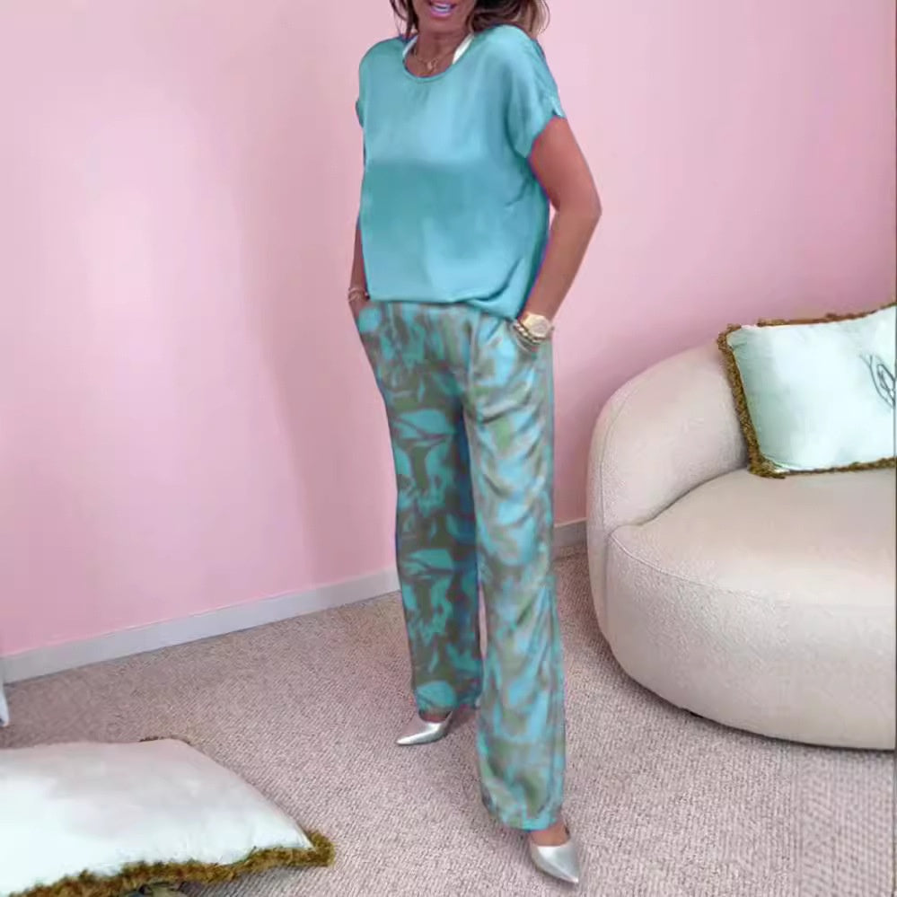 🎉【S-4XL】💝Σετ δύο τεμαχίων - τοπ με στρογγυλή λαιμόκοψη και παντελόνι με φαρδύ στρίφωμα στην τσάντα-GR