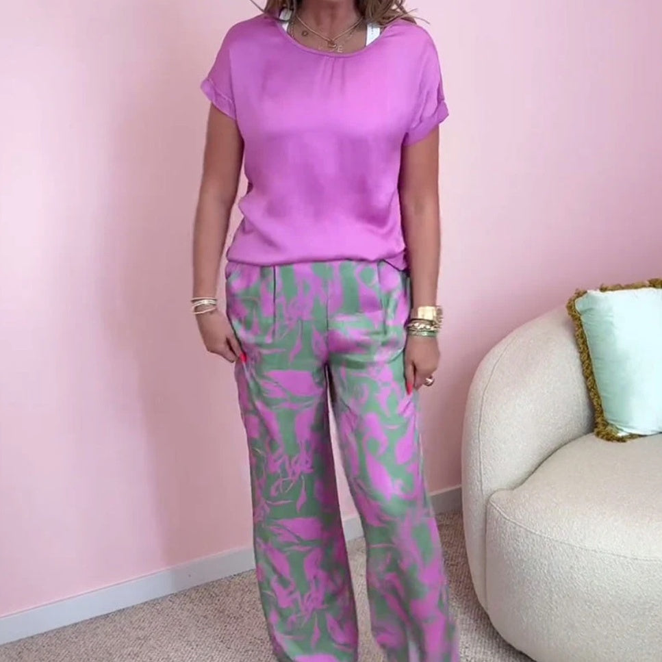 🎉【S-4XL】💝Σετ δύο τεμαχίων - τοπ με στρογγυλή λαιμόκοψη και παντελόνι με φαρδύ στρίφωμα στην τσάντα-GR