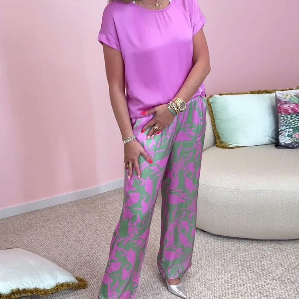 🎉【S-4XL】💝Σετ δύο τεμαχίων - τοπ με στρογγυλή λαιμόκοψη και παντελόνι με φαρδύ στρίφωμα στην τσάντα-GR