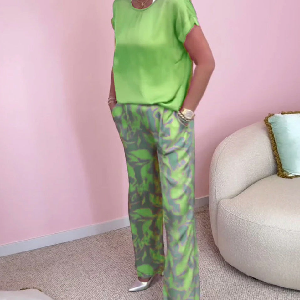 🎉【S-4XL】💝Σετ δύο τεμαχίων - τοπ με στρογγυλή λαιμόκοψη και παντελόνι με φαρδύ στρίφωμα στην τσάντα-GR