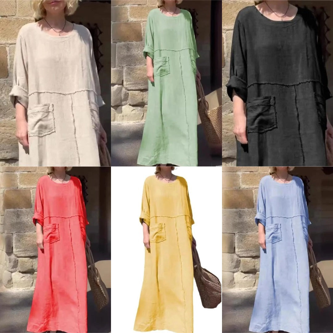 🌿Μονόχρωμο φόρεμα με στρογγυλή λαιμόκοψη, αναπνεύσιμο🌪️-GR