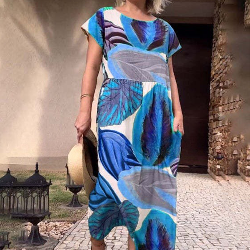 🌸 Spaustuotos šoninės skeltukų suknelės trumpomis rankovėmis moterims-LT