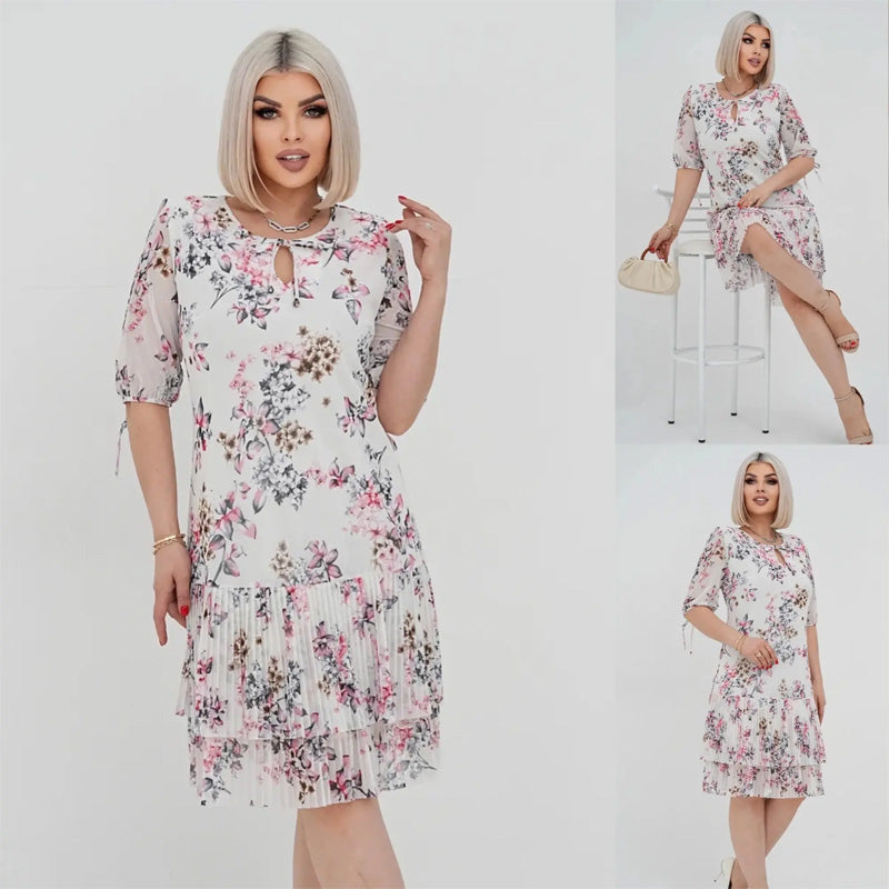 Elegantiška moteriška ilga suknelė trumpomis rankovėmis, klostuota-LT