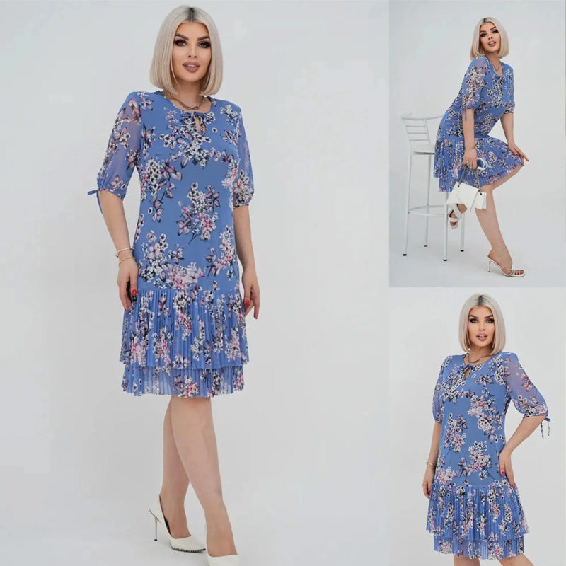 Γυναικείο κομψό φόρεμα με κοντό μανίκι και πλισέ μακρύ φόρεμα-GR