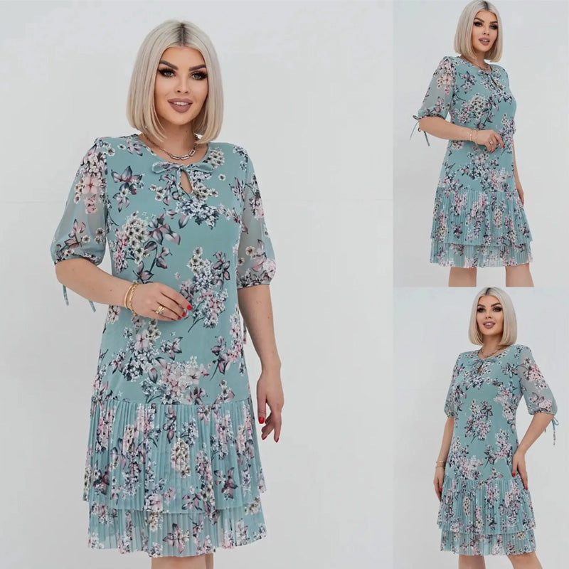 Elegantiška moteriška ilga suknelė trumpomis rankovėmis, klostuota-LT