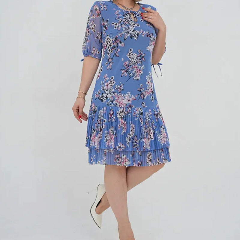 Elegantiška moteriška ilga suknelė trumpomis rankovėmis, klostuota-LT