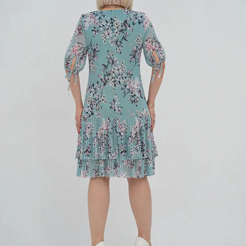 Γυναικείο κομψό φόρεμα με κοντό μανίκι και πλισέ μακρύ φόρεμα-GR