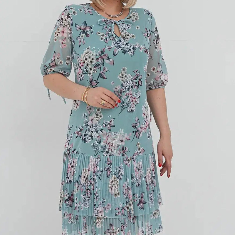 Elegantiška moteriška ilga suknelė trumpomis rankovėmis, klostuota-LT