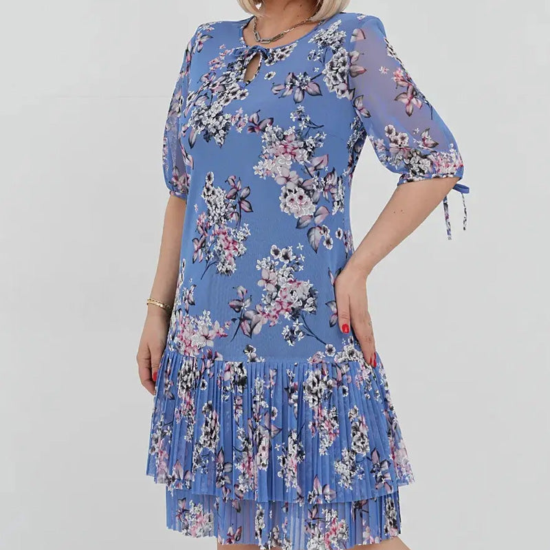 Elegantiška moteriška ilga suknelė trumpomis rankovėmis, klostuota-LT