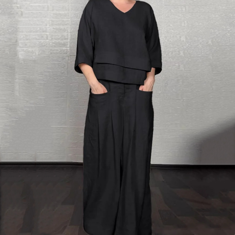 Netaisyklingo apvado medvilninis lininis trumpomis rankovėmis dviejų dalių komplektas-LT