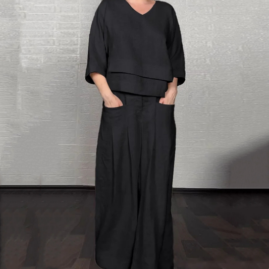 Netaisyklingo apvado medvilninis lininis trumpomis rankovėmis dviejų dalių komplektas-LT