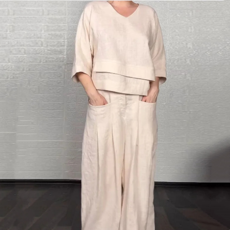 Dvojdielna súprava s krátkym rukávom z bavlny a ľanu s nepravidelným lemom-SK