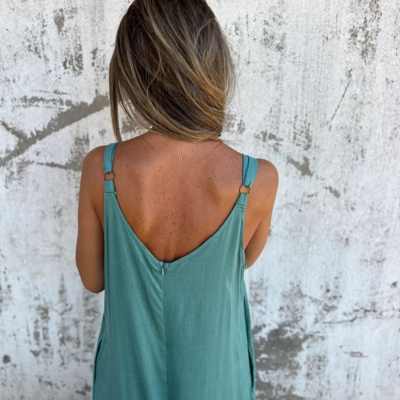 Moteriškas laisvas medvilnės ir lino mišinio kombinezonas-LT