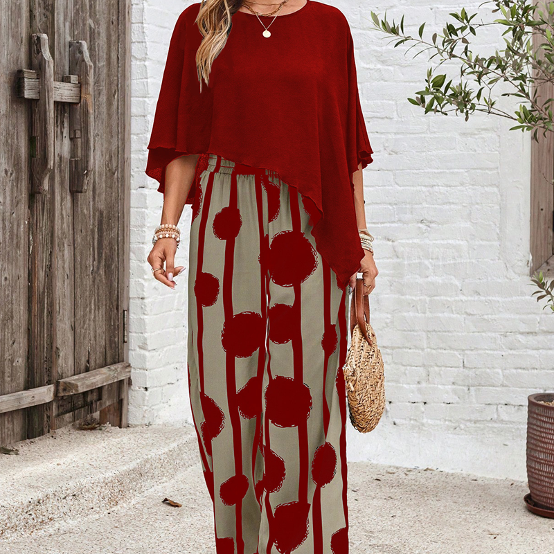 Elegantiškas komplektas su trijų ketvirčių rankovių palaidine ir raštuotomis kelnėmis-LT