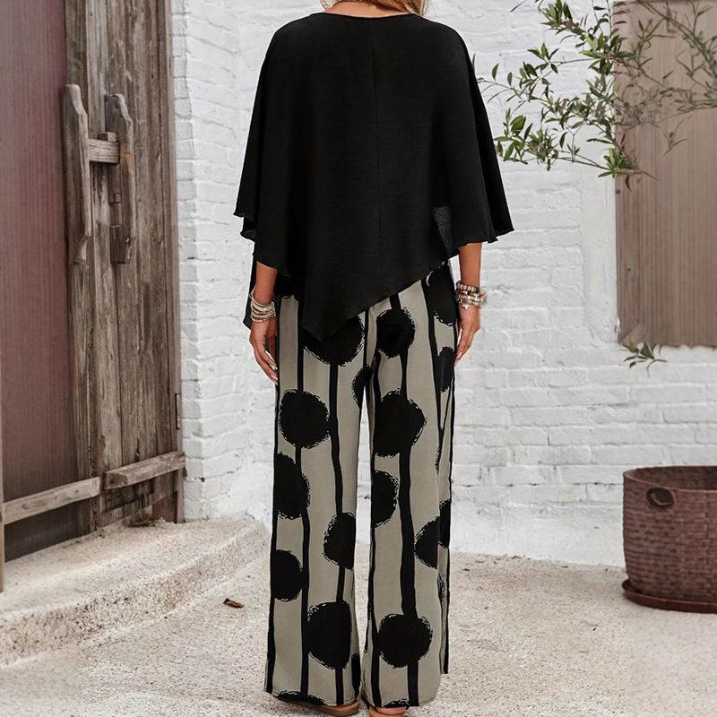 Elegantiškas komplektas su trijų ketvirčių rankovių palaidine ir raštuotomis kelnėmis-LT