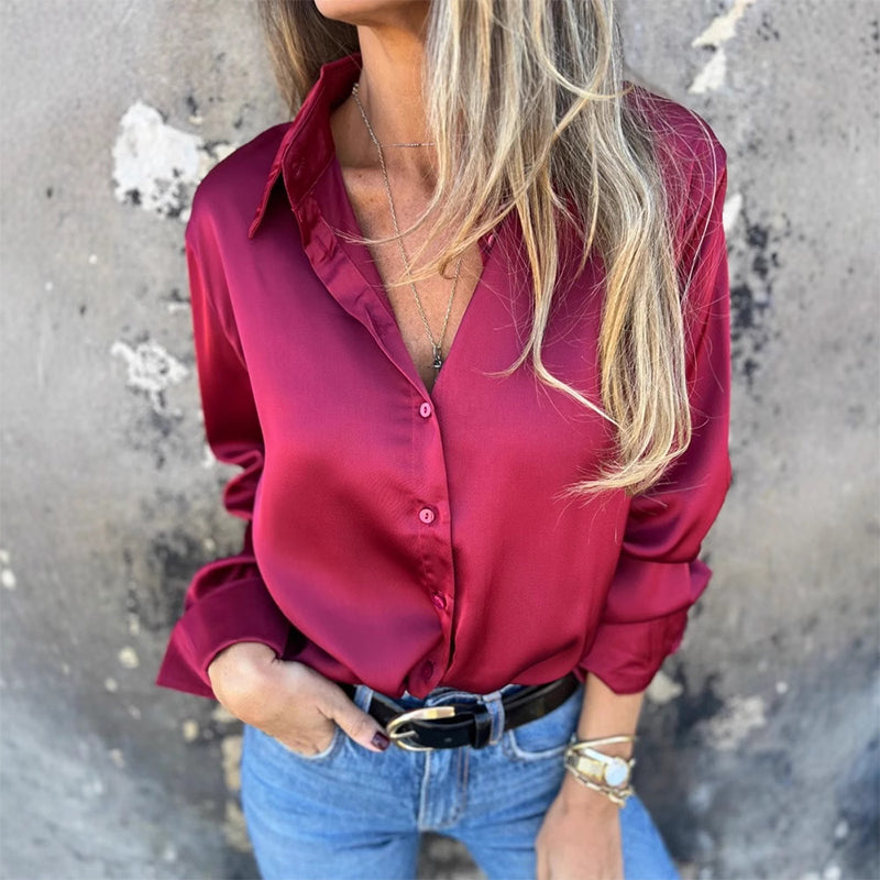 🎊 Καλοκαιρινά νέα🎊 Κομψό σατέν πουκάμισο με μακριά μανίκια-GR