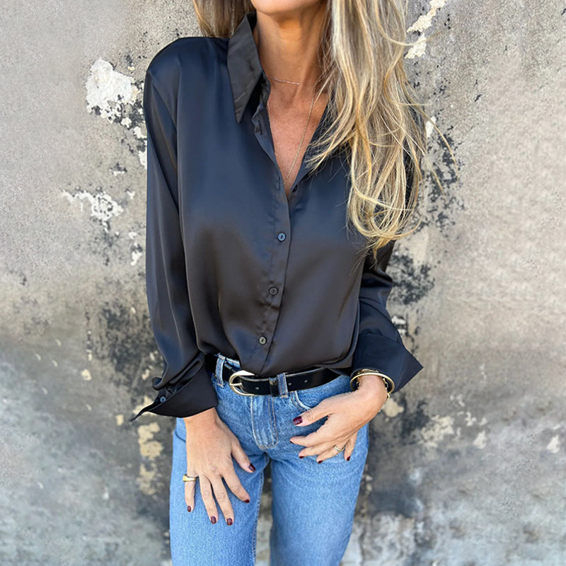 🎊 Καλοκαιρινά νέα🎊 Κομψό σατέν πουκάμισο με μακριά μανίκια-GR