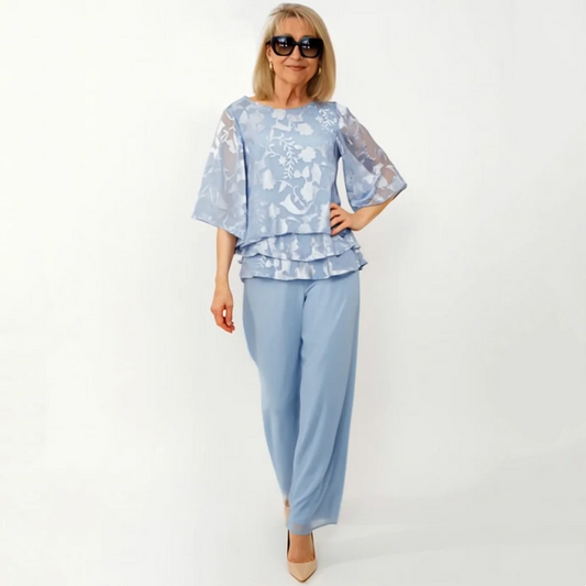 Elegantiški moteriški viršutiniai drabužiai su kaklaraiščiais ir plačiomis kelnėmis komplekte-LT