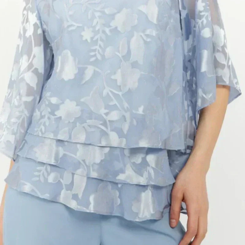 Elegantiški moteriški viršutiniai drabužiai su kaklaraiščiais ir plačiomis kelnėmis komplekte-LT