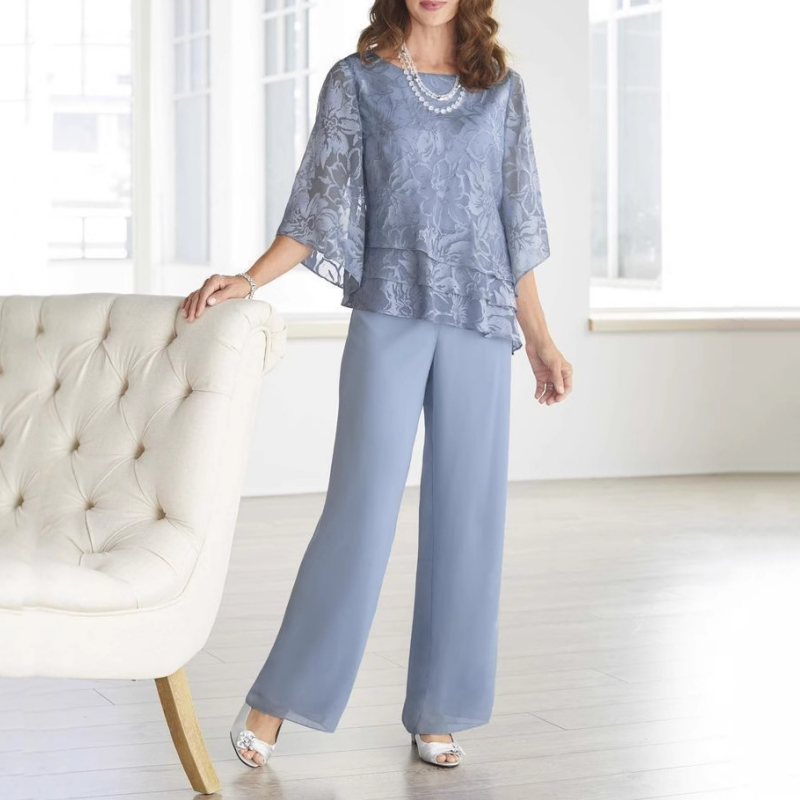 Elegantiški moteriški viršutiniai drabužiai su kaklaraiščiais ir plačiomis kelnėmis komplekte-LT