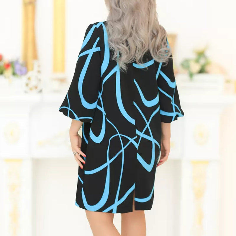 🌸 Raštuota suknelė apvalia iškirpte ir septynių ketvirčių rankovėmis-LT