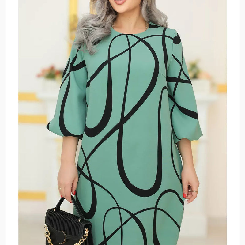 🌸 Φόρεμα με στάμπα, στρογγυλή λαιμόκοψη και μανίκια επτά τετάρτων-GR