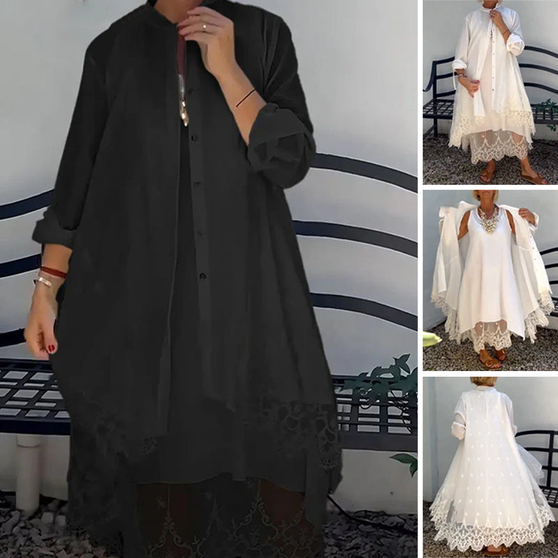 🌸🎗️Γυναικείο αμάνικο φόρεμα και δαντελένιο πουλόβερ-GR