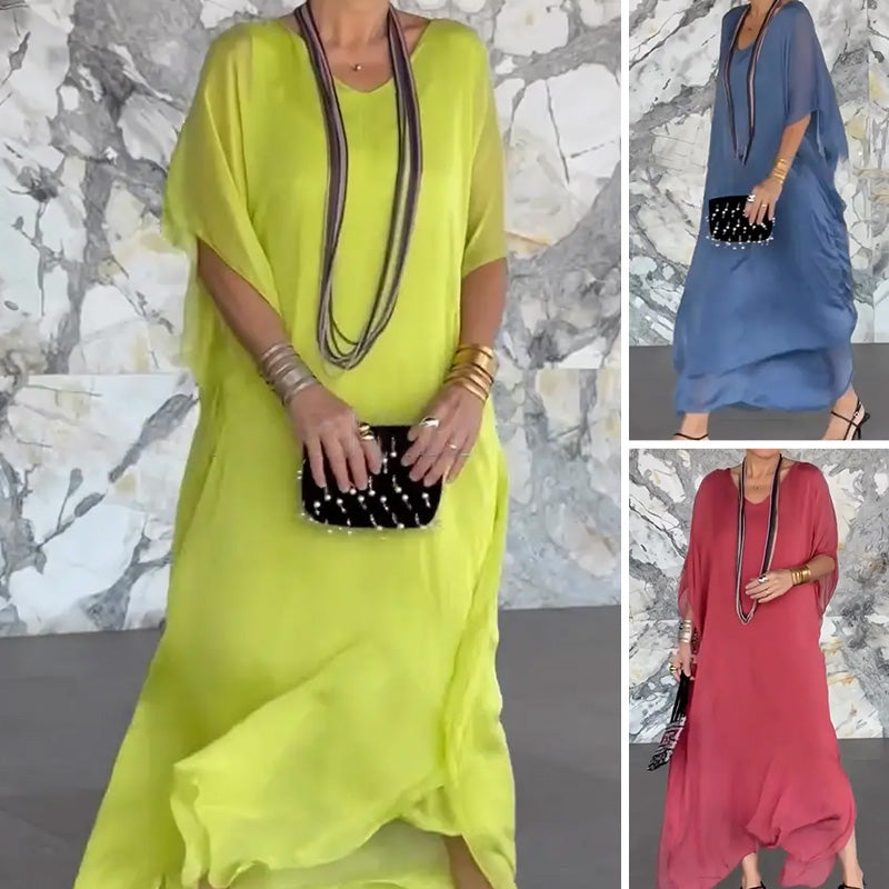 Moteriška kvėpuojanti laisva V formos kaklo maxi suknelė-LT