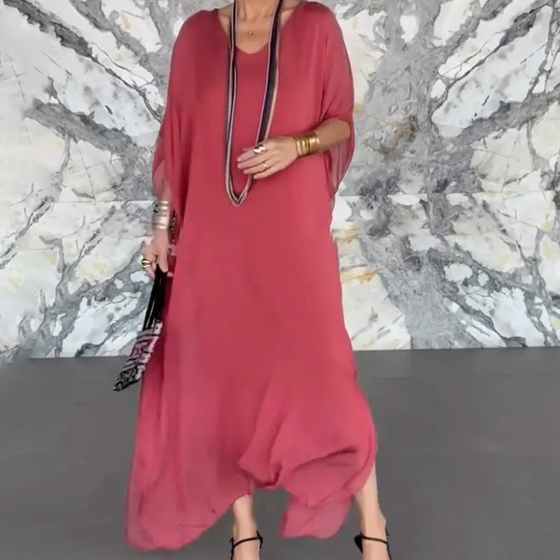 Moteriška kvėpuojanti laisva V formos kaklo maxi suknelė-LT