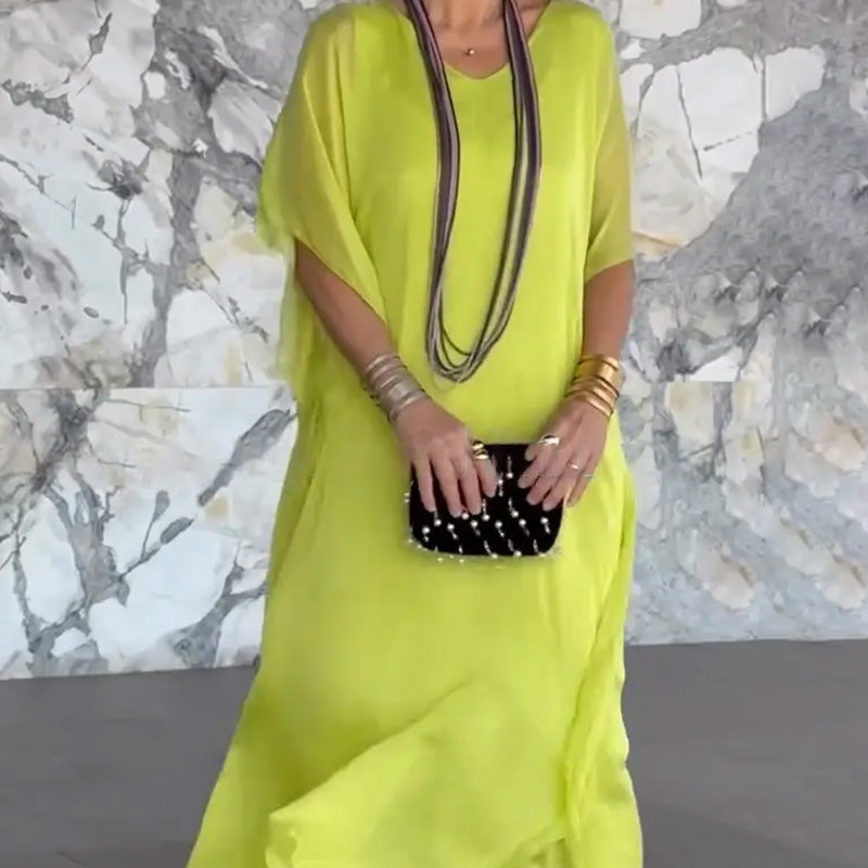 Moteriška kvėpuojanti laisva V formos kaklo maxi suknelė-LT