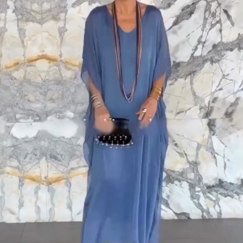 Moteriška kvėpuojanti laisva V formos kaklo maxi suknelė-LT