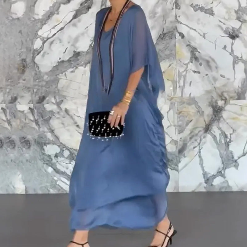 Moteriška kvėpuojanti laisva V formos kaklo maxi suknelė-LT