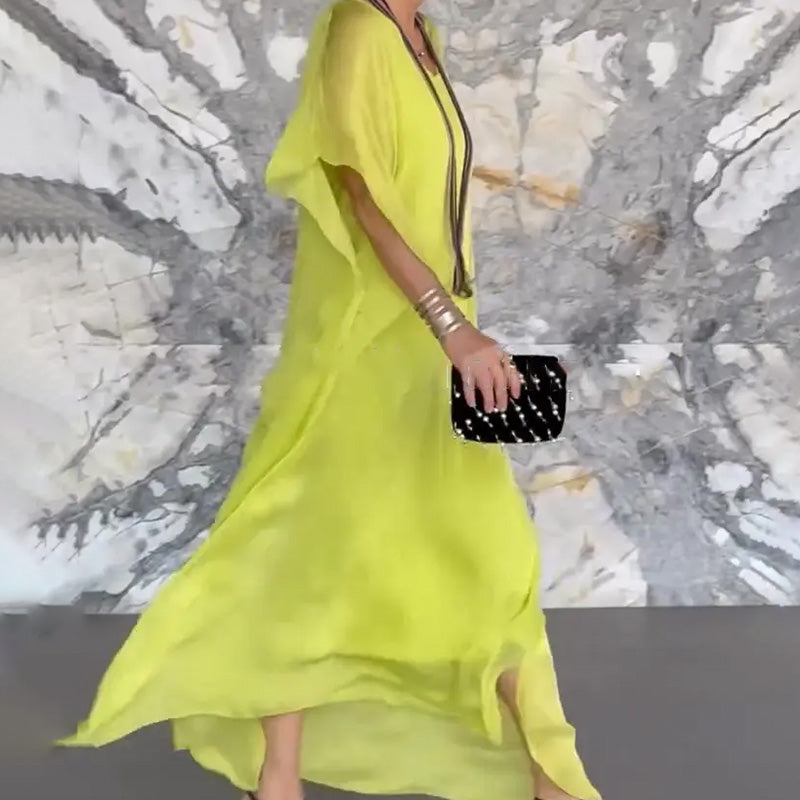 Moteriška kvėpuojanti laisva V formos kaklo maxi suknelė-LT