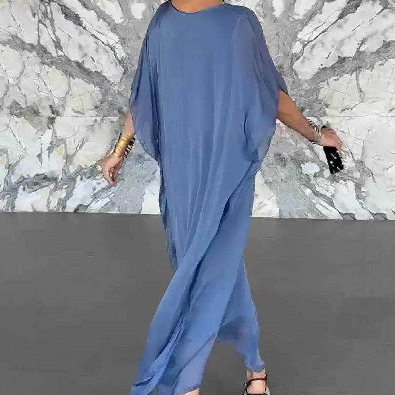 Moteriška kvėpuojanti laisva V formos kaklo maxi suknelė-LT