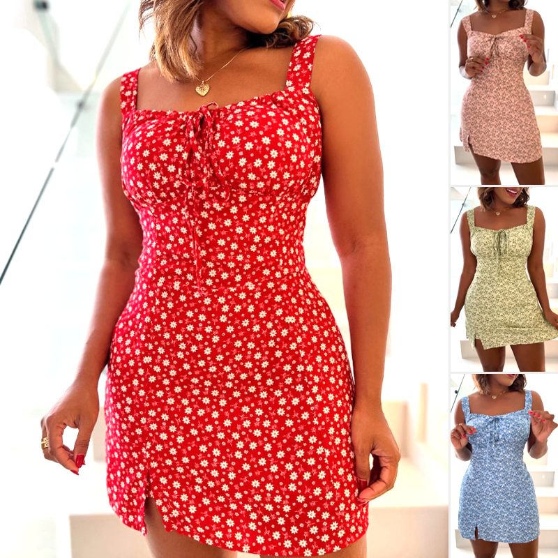 🌸Gėlių rašto mini suknelė su spagečių petnešėlėmis-LT