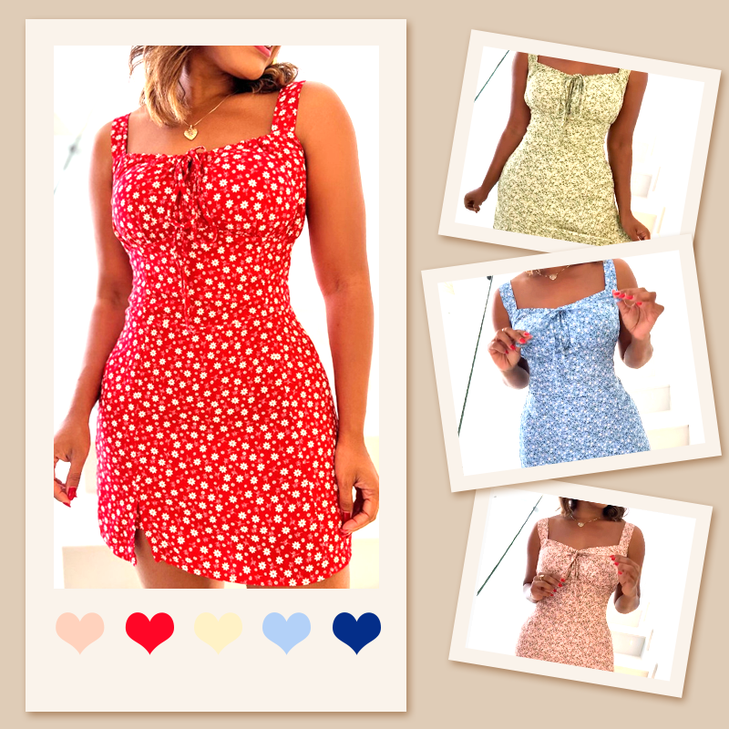 🌸Gėlių rašto mini suknelė su spagečių petnešėlėmis-LT