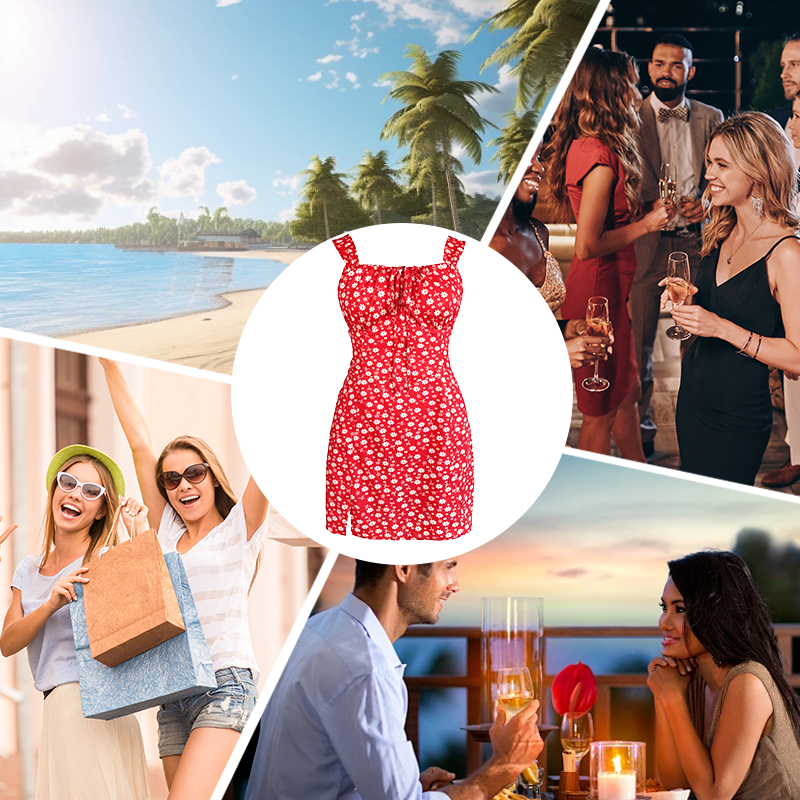 🌸Gėlių rašto mini suknelė su spagečių petnešėlėmis-LT