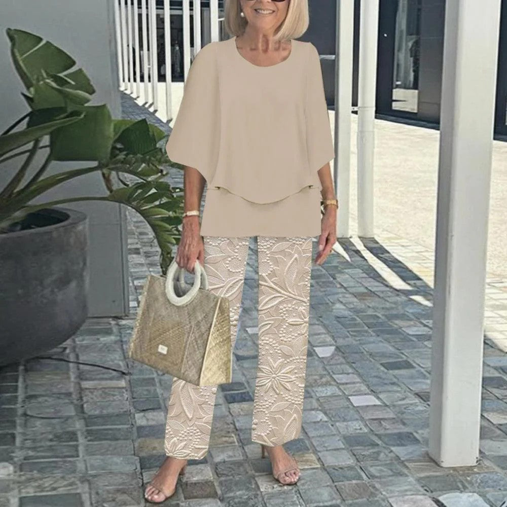 🌸Σετ γυναικείου casual παντελονιού με στρογγυλή λαιμόκοψη και στάμπα με κοντό μανίκι-GR