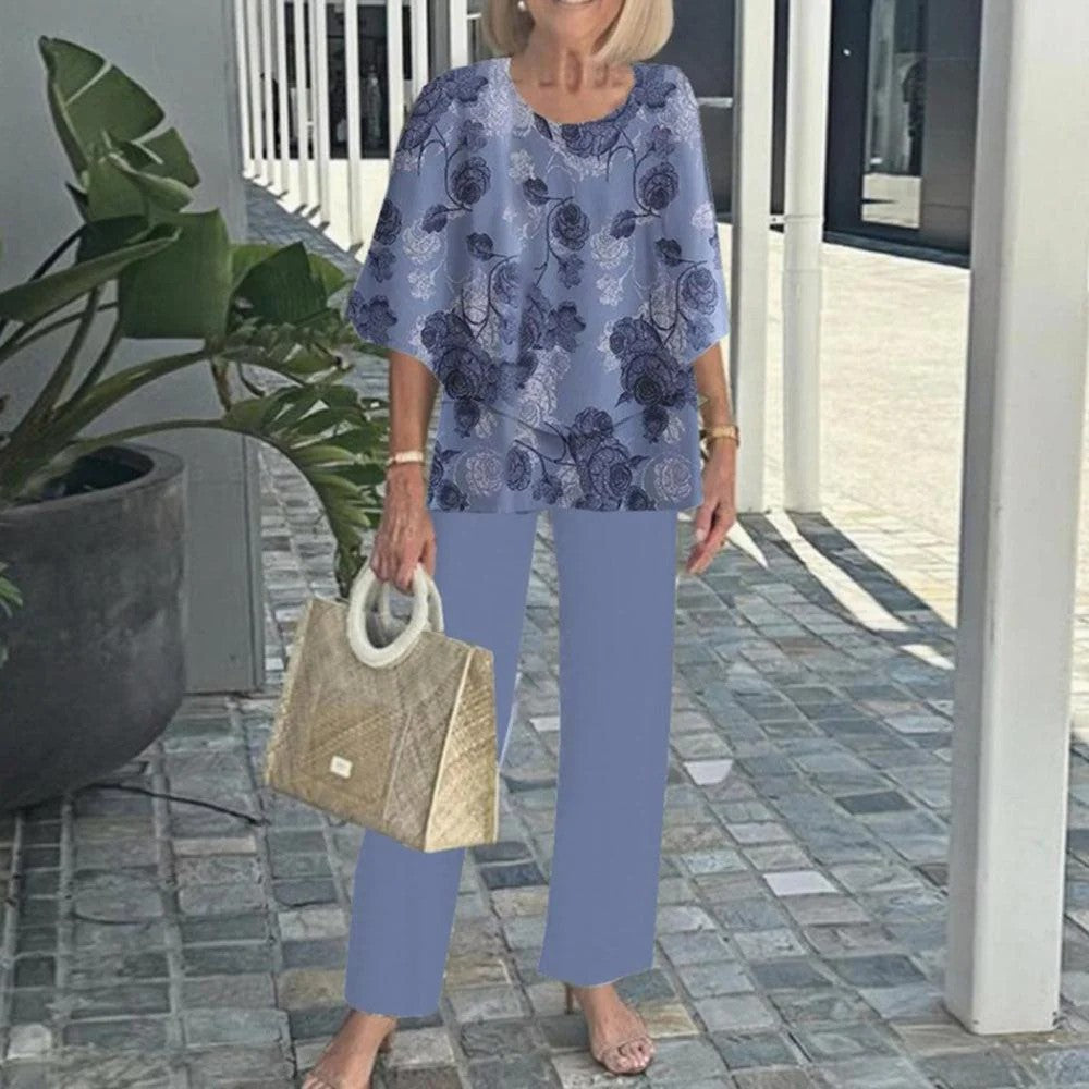 🌸Σετ γυναικείου casual παντελονιού με στρογγυλή λαιμόκοψη και στάμπα με κοντό μανίκι-GR