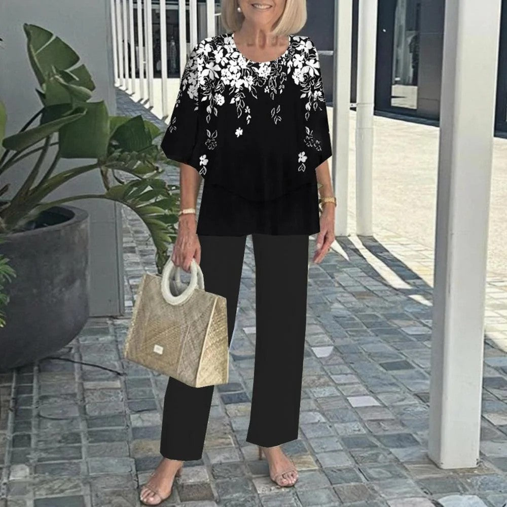 🌸Moteriškas laisvalaikio stiliaus apvalios iškirptės, trumpomis rankovėmis margintas kelnių komplektas-LT