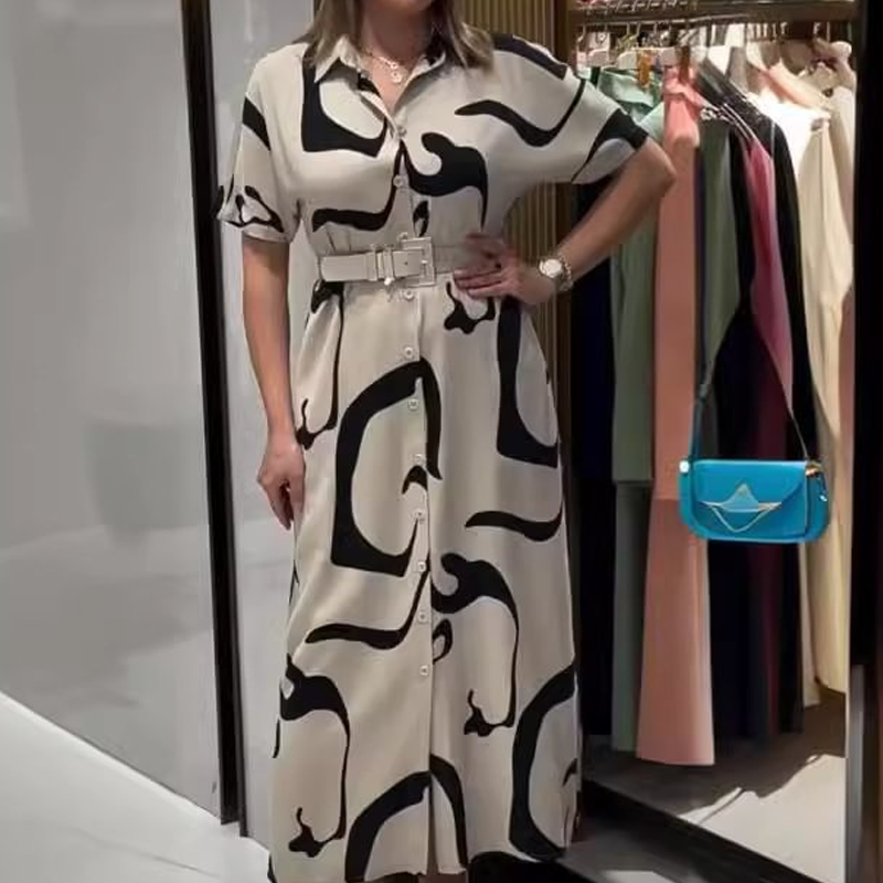 Moteriška marginta trumpomis rankovėmis ilga suknelė-LT