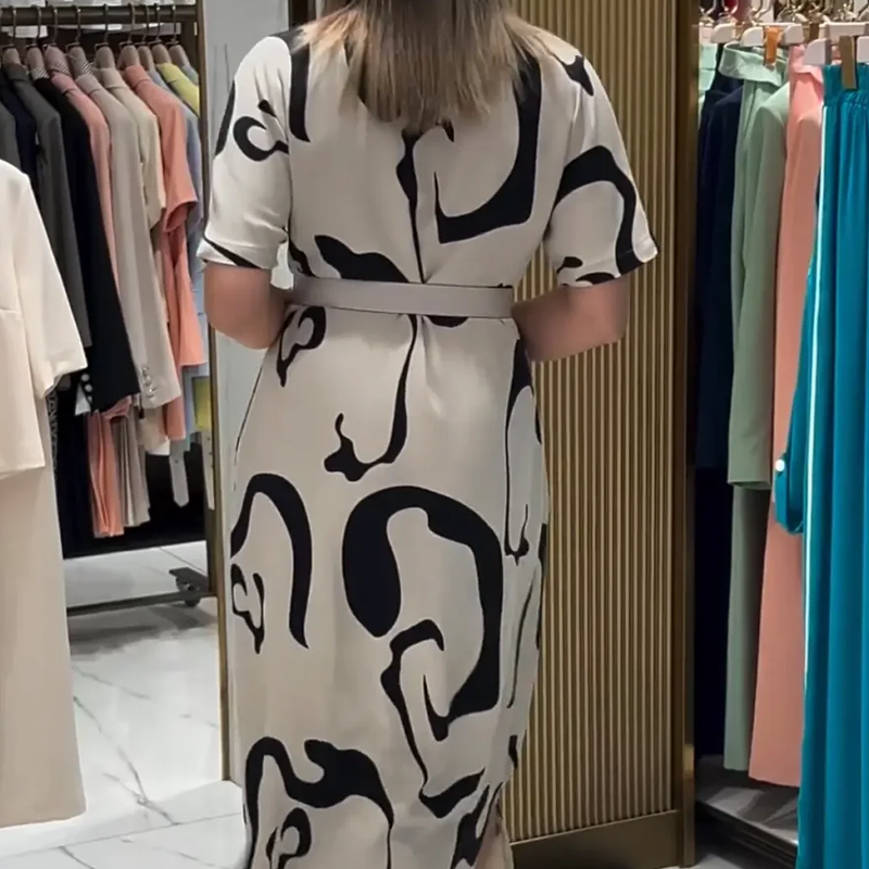 Γυναικείο μακρύ φόρεμα με κοντό μανίκι και στάμπα-GR