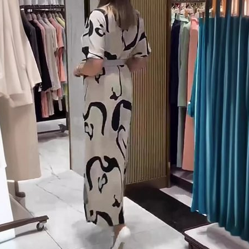 Moteriška marginta trumpomis rankovėmis ilga suknelė-LT