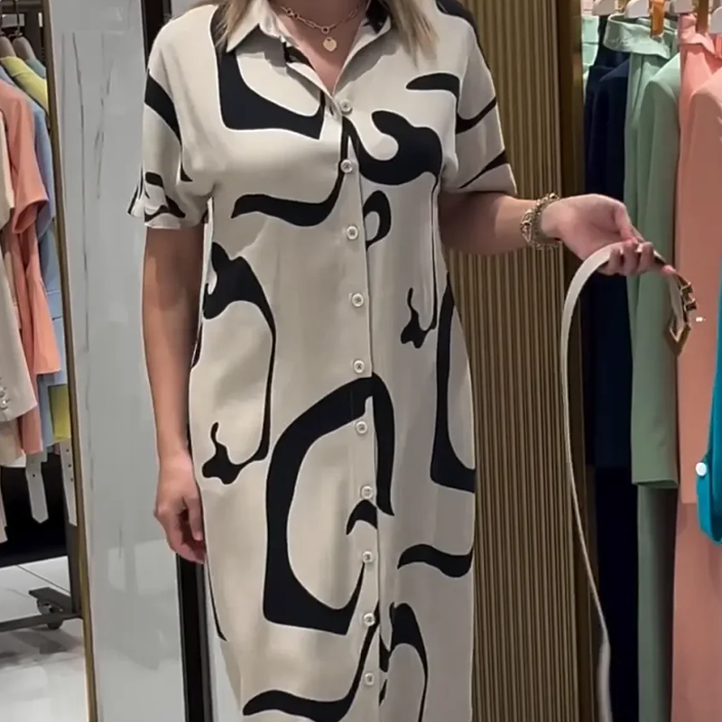 Γυναικείο μακρύ φόρεμα με κοντό μανίκι και στάμπα-GR