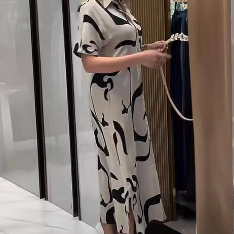 Moteriška marginta trumpomis rankovėmis ilga suknelė-LT