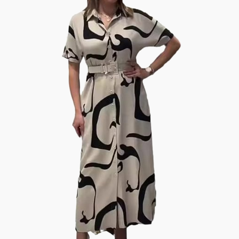 Moteriška marginta trumpomis rankovėmis ilga suknelė-LT