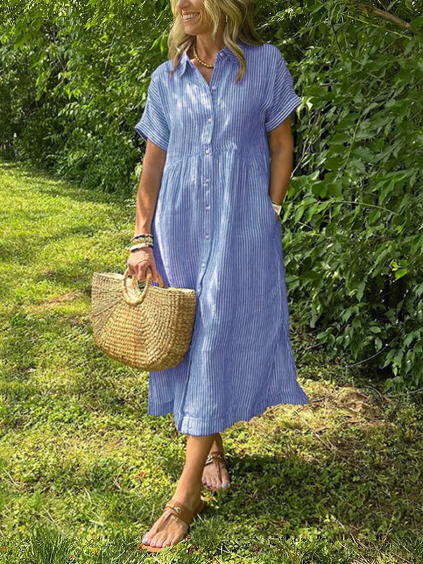 🔥👗 Dryžuota marškinių suknelė su atlapais ir sagomis | Su funkcionaliomis kišenėmis-LT