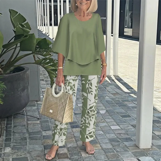 💐Σετ παντελονιών με στάμπα και στρογγυλή λαιμόκοψη-GR