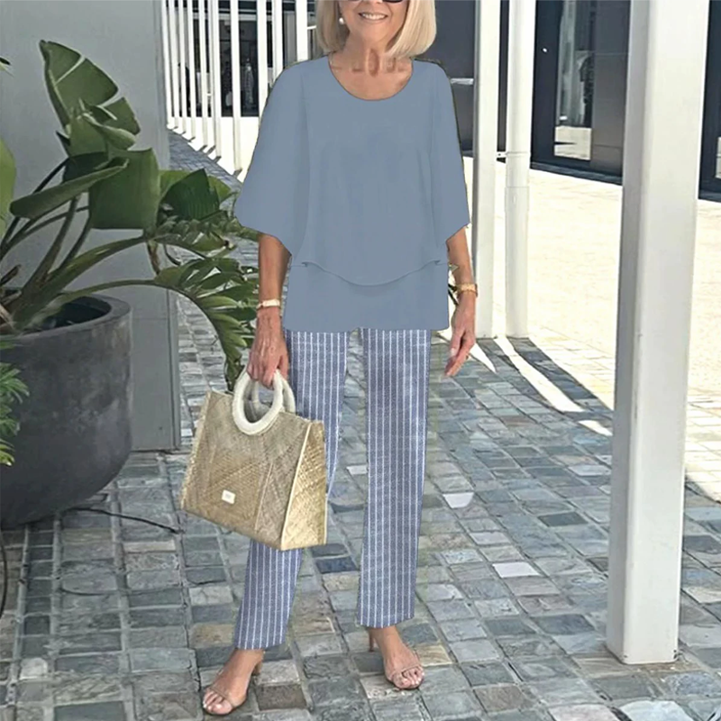 💐Σετ παντελονιών με στάμπα και στρογγυλή λαιμόκοψη-GR