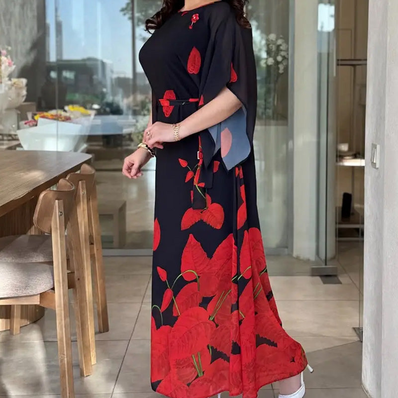 👗 Φόρεμα με βολάν και στρογγυλή λαιμόκοψη και ζώνη 🌸 | Floral Print | Ρυθμιζόμενη σιλουέτα-GR